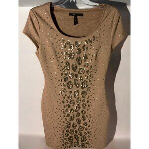 BCBGMaxazria Womens Camel Leopard Sequin Side Zip Cap Sleeve Mini Dress Small